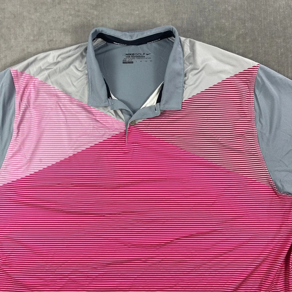 Nike Men XXL Pink Grey Polo Shirt Tour Performance Dri-FIT Geometric‎ Striped